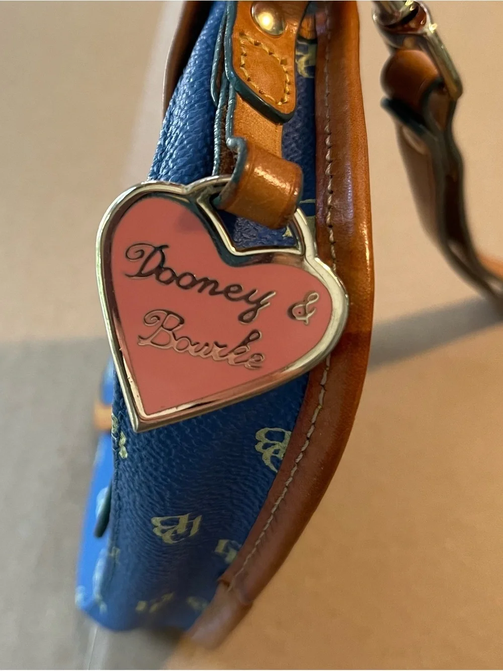 Dooney & Bourke Blue Signature Mini Wristlet with Tan Trim